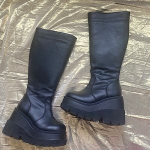 Demonia Wide Calf Wedge Platform Knee High Boots Shaker-100